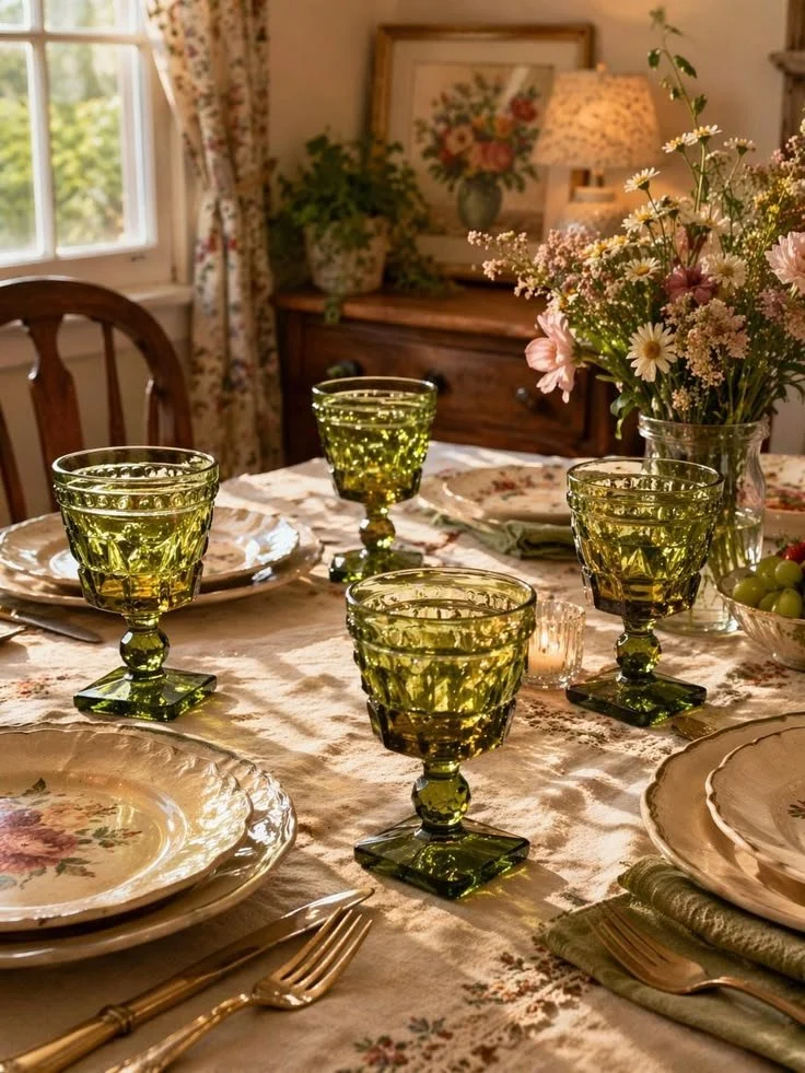 green vintage styled drinking glasses on a dining room table in a cozy home