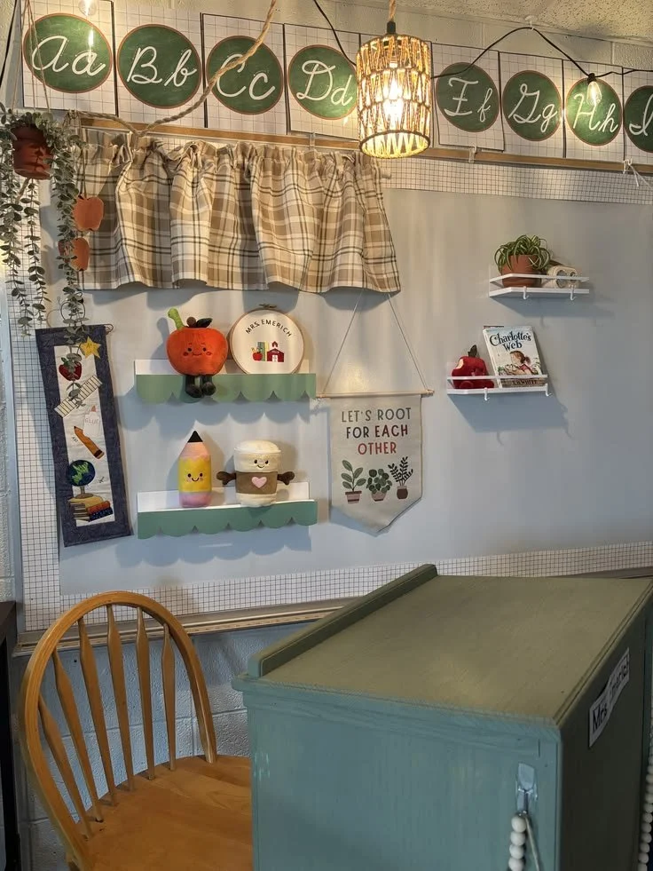 thrifted teacher's desk in a cozy vintage aesthetic classroom