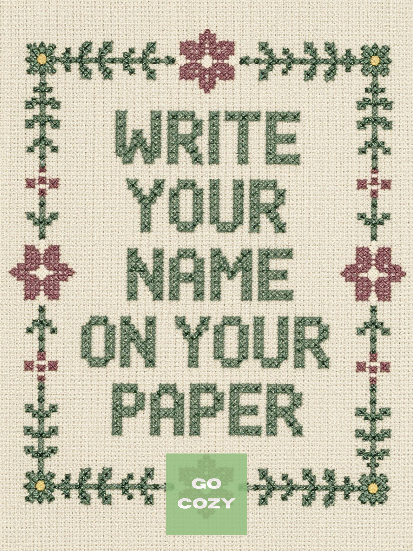 close up of cross stitch designed classroom printable art work for teachers