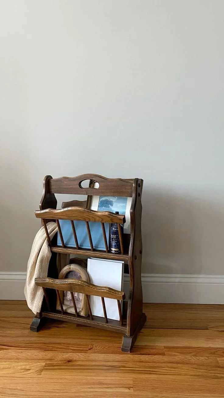 a wooden vintage style magazine holder for magazines and books for cozy home decor