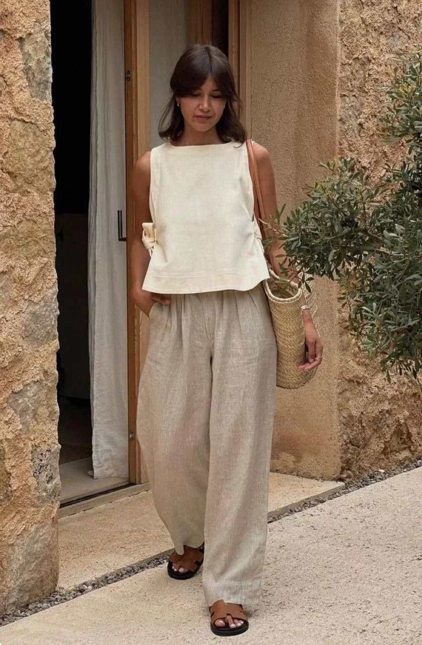 a neutral linen summer outfit for women