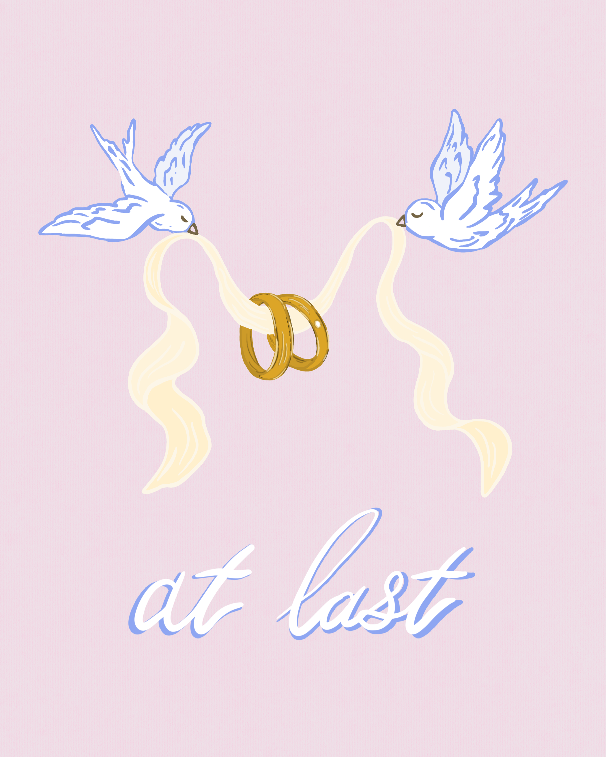 digital artwork of love birds holding gold wedding rings on a pale colored ribbon