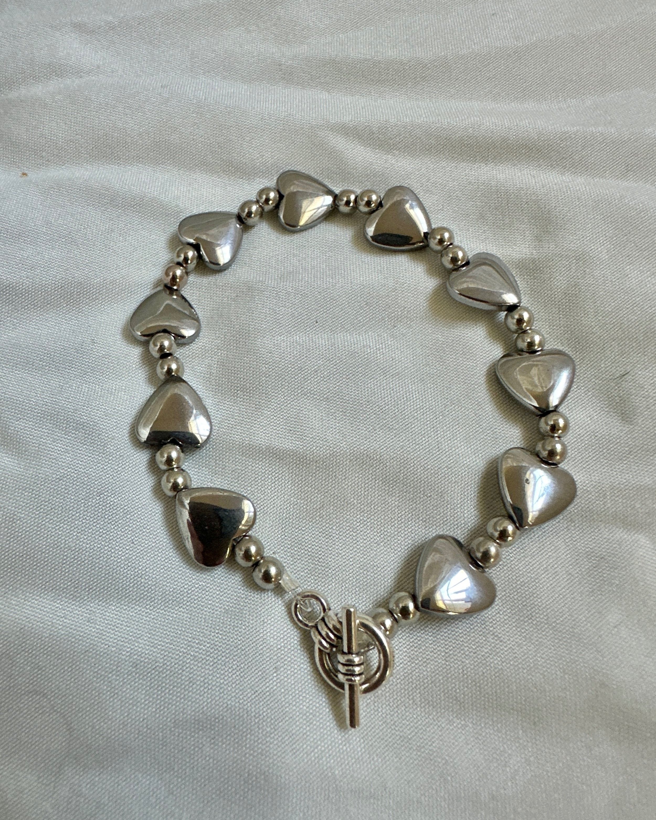 Silver Heart Charm + Round Bead Bracelet with Toggle Clasp