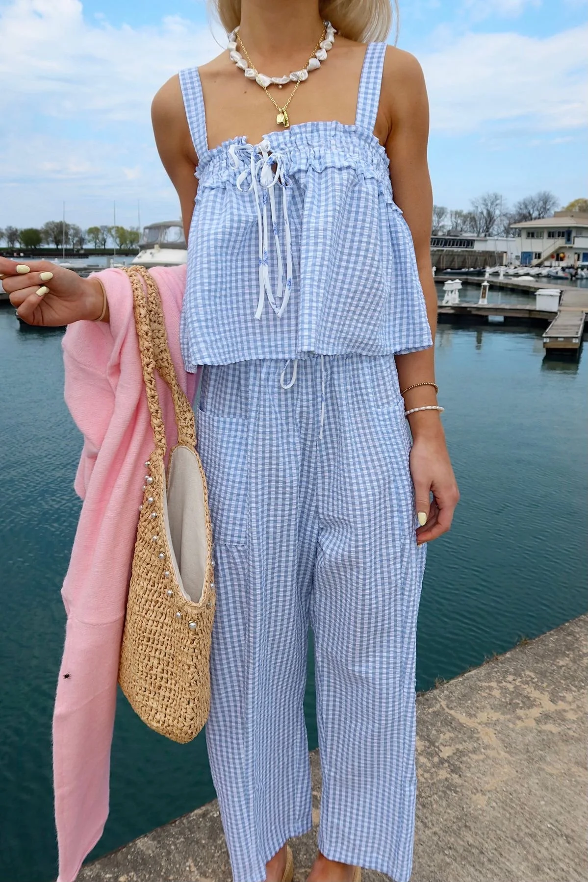 matching tank top and pant blue gingham matching set for women summer outfits