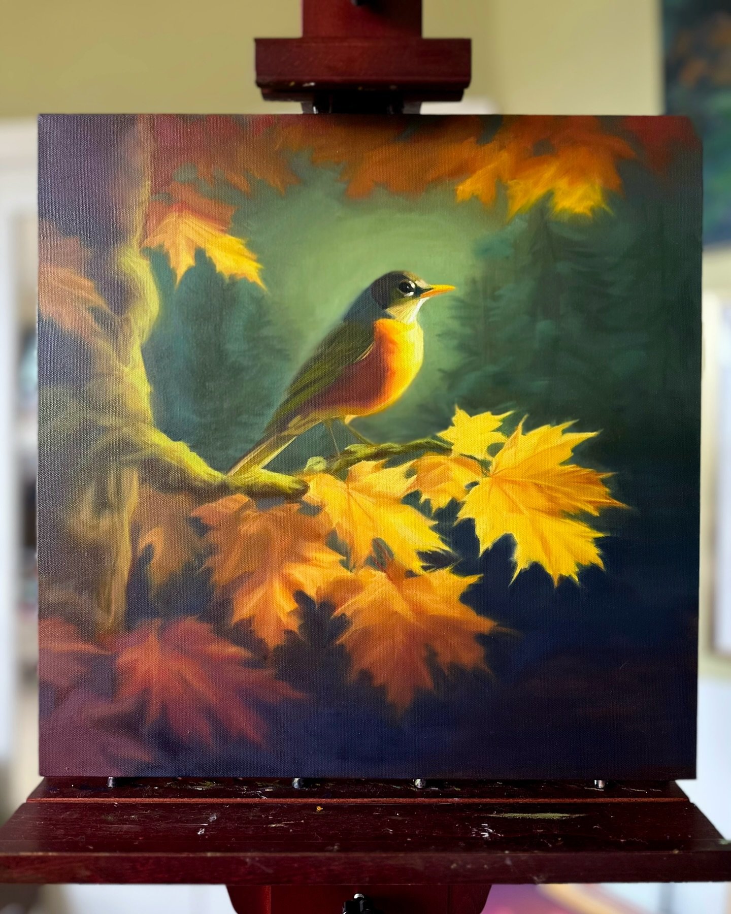 Each piece in my &lsquo;Birds and Blooms of the PNW&rsquo; series is a blend of classical realism and the vibrant color stories of my Indian roots ⁣
🧡🤍💚⁣
⁣
In my latest painting, the fluffy Robin set into an autumn garden captures the spirit of th