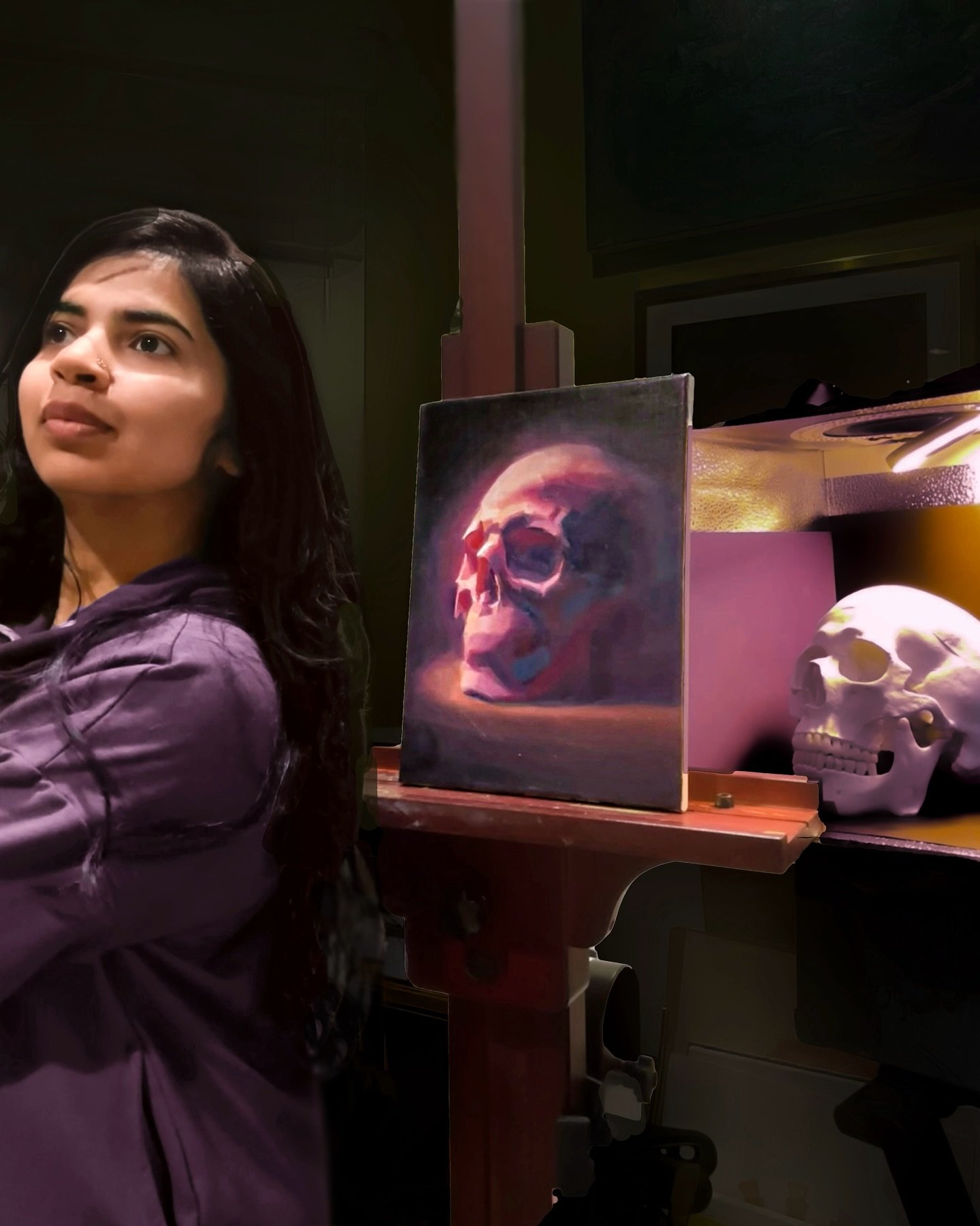 💀 Happy Halloween, everyone! 💀⁣⁣
⁣⁣
To celebrate the season, I painted a skull study setting up a still life in my shadow box with black, purple, and blue paper to bounce light onto the white skull. Skulls have such a powerful symbolism on this day