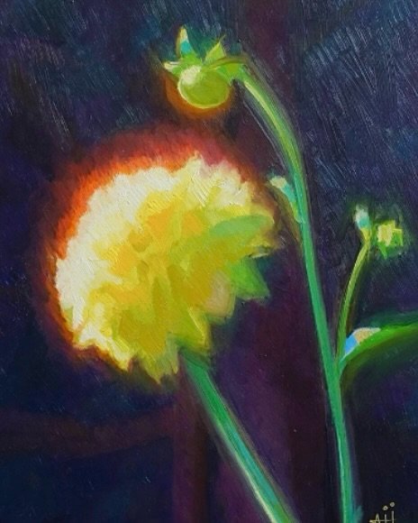 🌼 From my backyard to oil painting on canvas to Collector&rsquo;s Hands 🌼⁣
⁣
Trust the timing. ✨ In March 2024, I showcased my spring floral oil paintings at a solo show in a Seattle theater lobby. One of those pieces a glowing dahlia has now found
