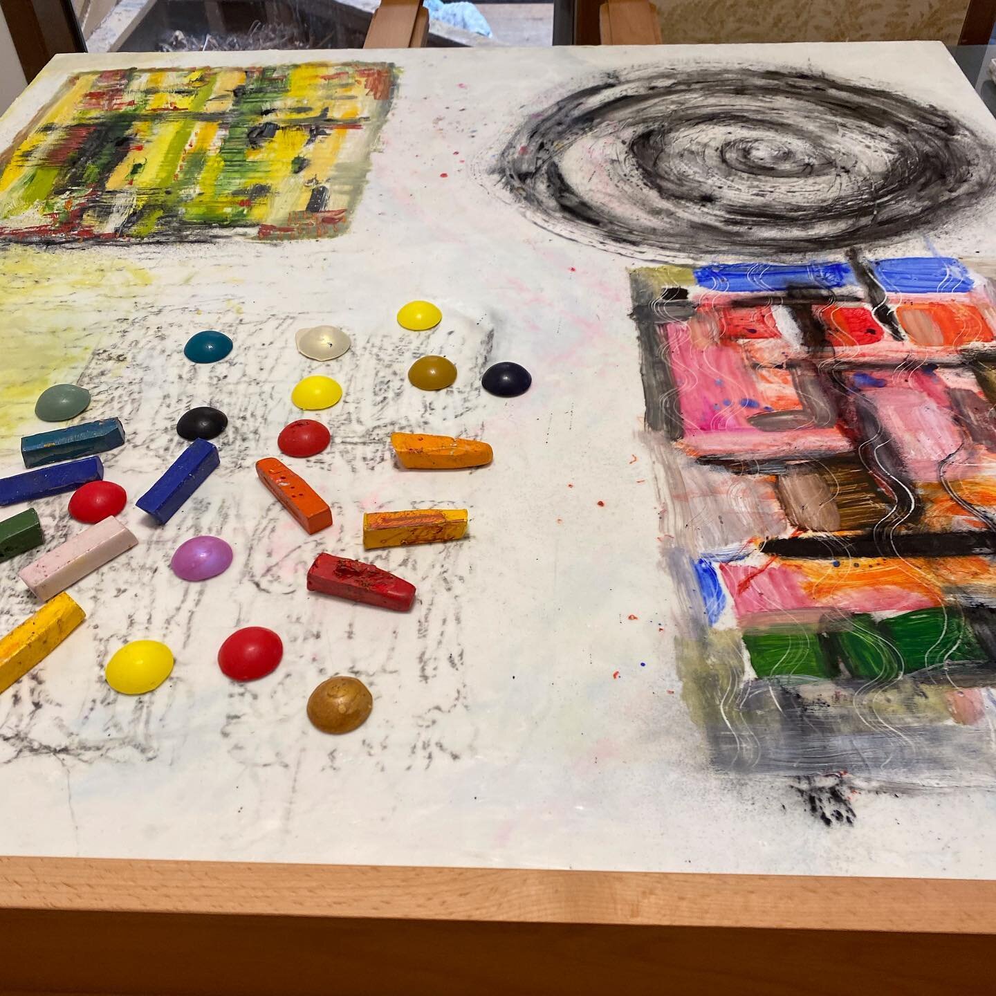 I have felt a pressing need to reconnect to the pure pleasure of discovery and exploration.  In that spirit I began playing with my Encaustics quite spontaneously. I had this pristine prepped encaustic coated board, white and smooth prepped with mult