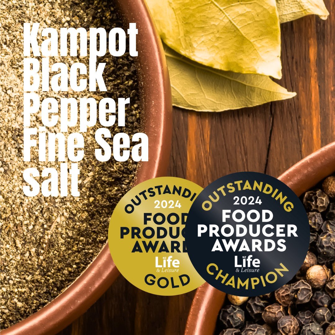 Here it is. Our new &quot;Champion&quot; Kampot Black Pepper Fine sea salt with a newly minted Champion badge. This little beauty won top Artisan product at the Outstanding NZ Food producer supreme awards last week. We are super proud of this little 