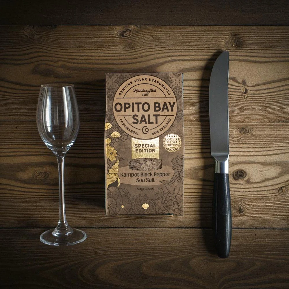 Opito Bay Salt Co. Kampot Black Pepper sea salt is a unique. The first time a natural NZ sea salt has been paired with the exquisite and delicious Kampot grown black pepper. 

Perfect on meat dishes and fish. Its pungent flavourful and has a long lin
