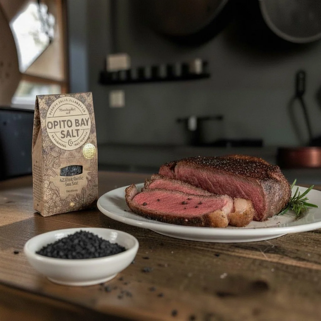 Seared rib-eye steak with Black garlic sea salt