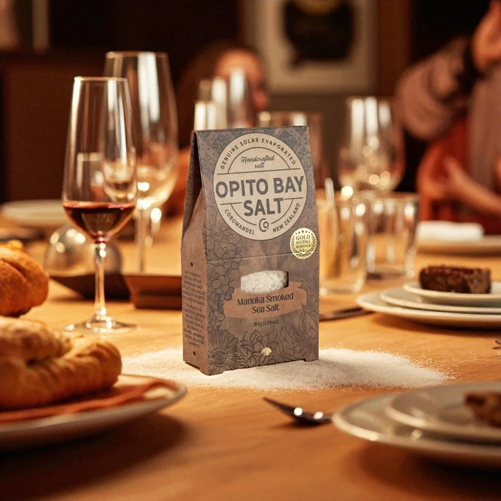 Bring a little bling to your next dinner party. Opito Bay Manuka Smoked sea salt delivers a subtle minerally smokiness. Perfect when you don't want a smoke to overpower the flavour of the food. Perfect on fish or a fine steak.

Better still mix it in