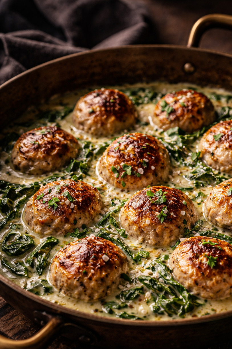 CHICKEN MEATBALLS WITH CREAMY LEMON AND SPINACH  SAUCE.