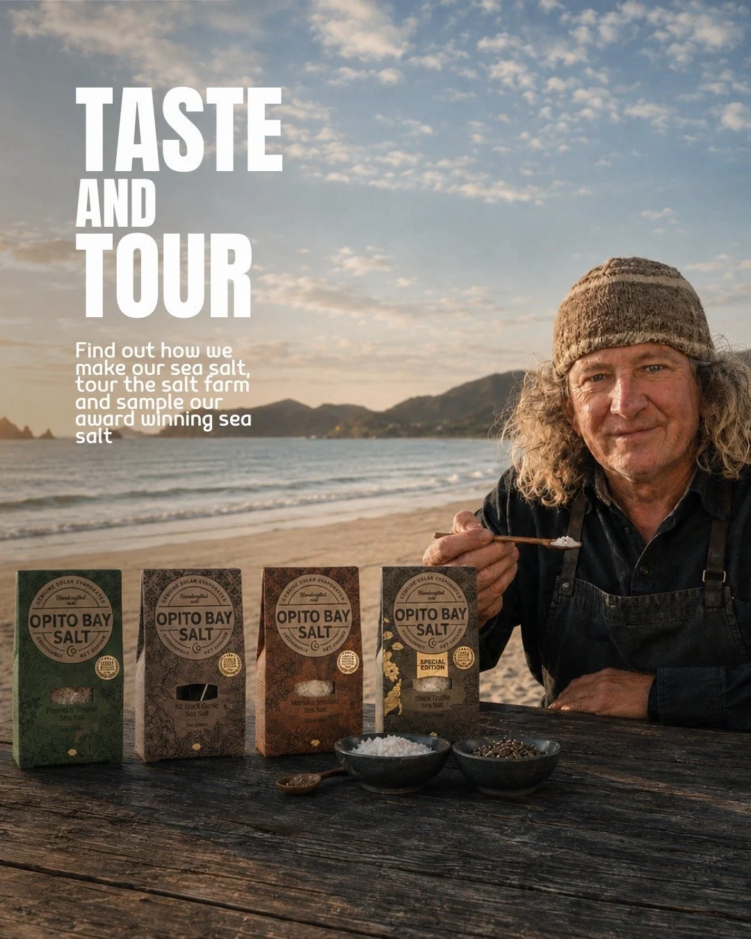 What's the best way to discover Opito Bay? One delicious little spoonful at a time.

Join us for a salt farm tour and tasting experience. Where we turn sea water, with the help of sunshine, sea air into beautiful salt crystals.

Learn about the histo