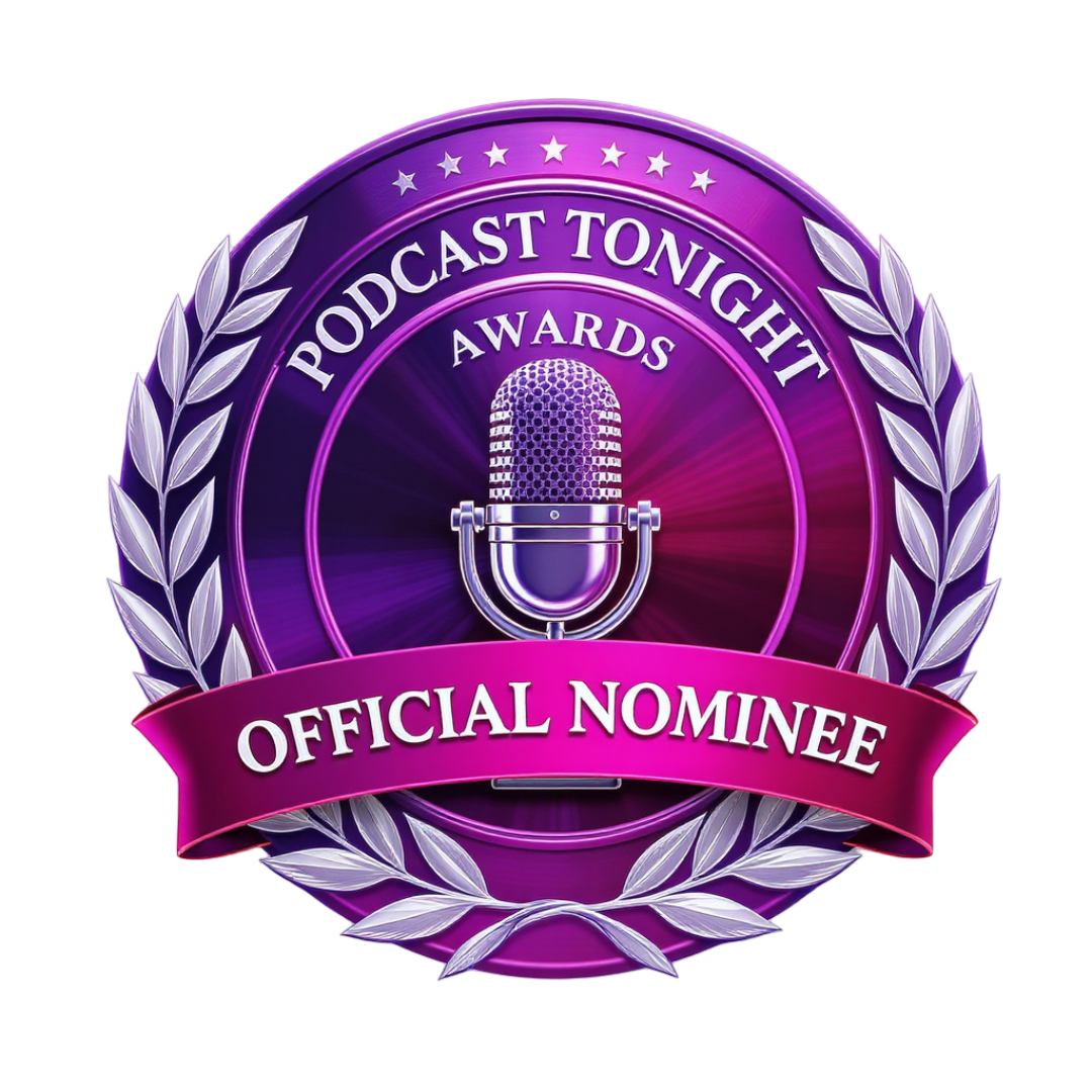 Purple badge with a microphone in the center, surrounded by laurel leaves, with text "Podcast Tonight Awards Official Nominee" in white and pink.