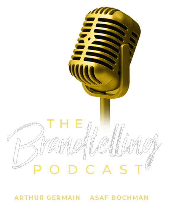 Logo for The Brandtelling Podcast featuring a gold microphone and text with the hosts' names, Arthur Germain and Asaf Bochman.