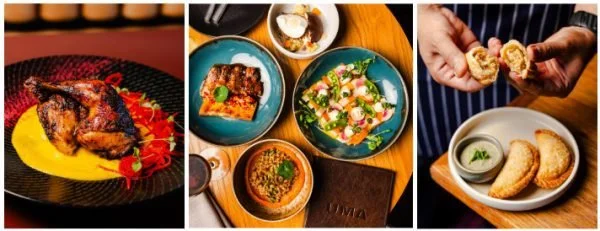 Triptych of food images: roasted chicken with vegetables, a spread of small dishes including grilled meat and salad, and hands holding fried appetizers with dips.