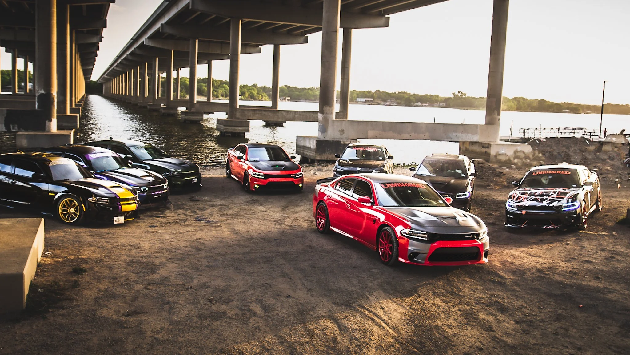 A lineup of modified cars parked under a bridge by a body of water, with some cars featuring custom paint jobs and decals.