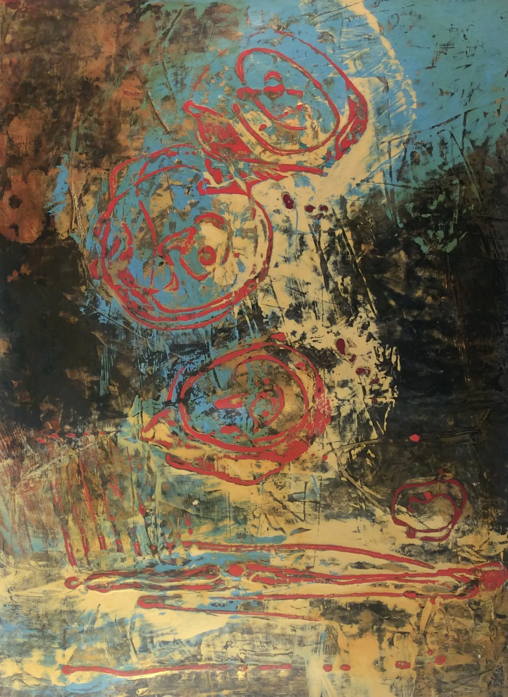 Siegel, "Red Circle and Lines," 18 x 24, 2023