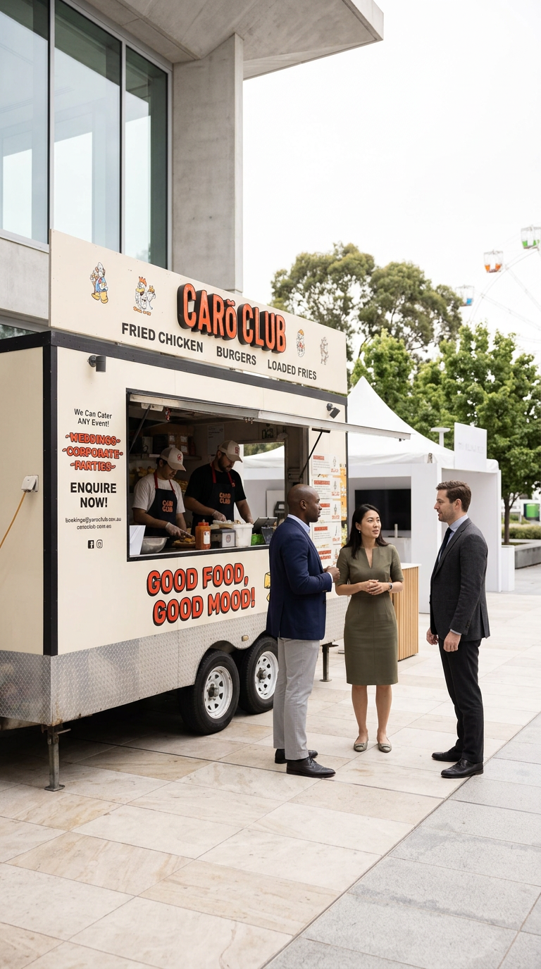 Staff enjoying CaroClub burgers at a corporate event in Adelaide CBD