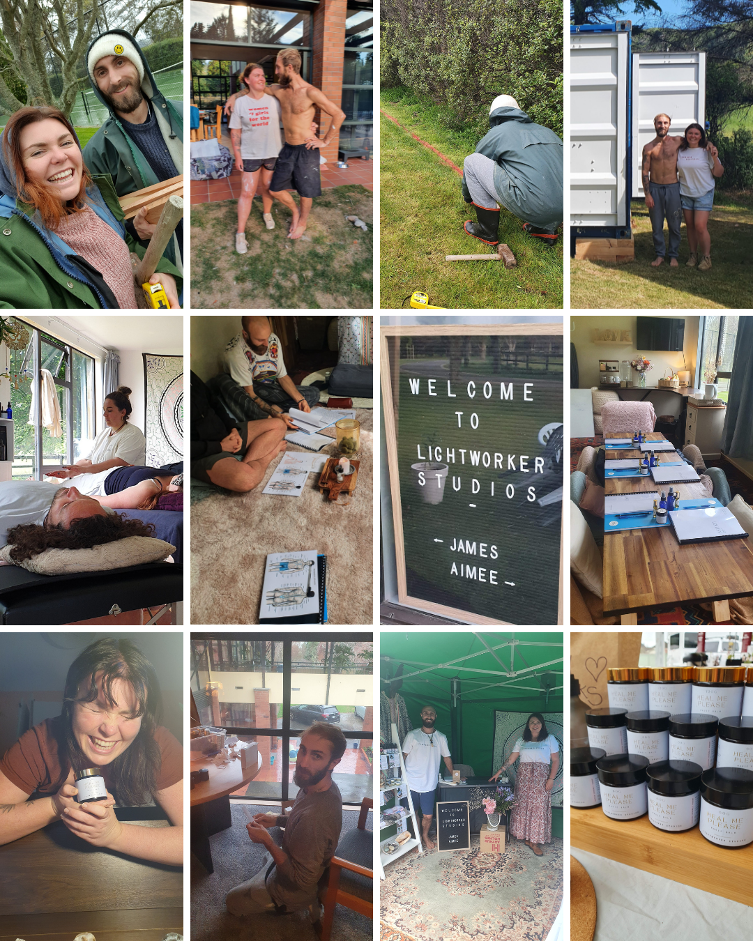 A collage of twelve photos including outdoor, indoor, and event scenes, with people engaging in various activities such as gardening, dancing, working, and celebrating.