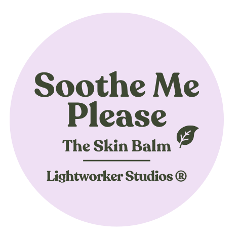 Label for Soothe Me Please skin balm by Lightworker Studios with a purple background and a small leaf icon.