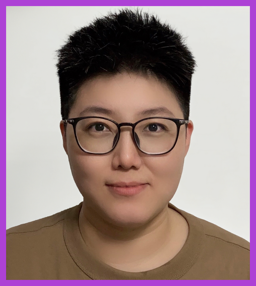 Headshot of Chris - a Chinese woman with short black hair and glasses, smiling gently at the camera against a light background.