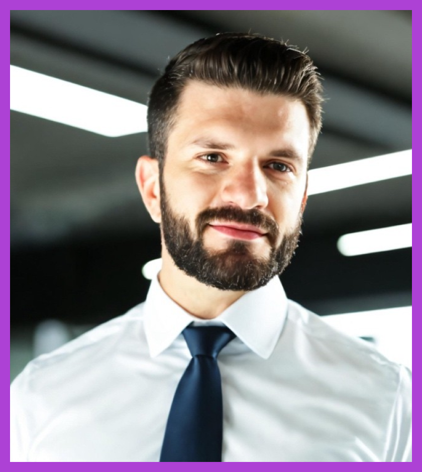 Tom has light skin, dark hair and beard, and is wearing a white formal shirt with a navy tie. 