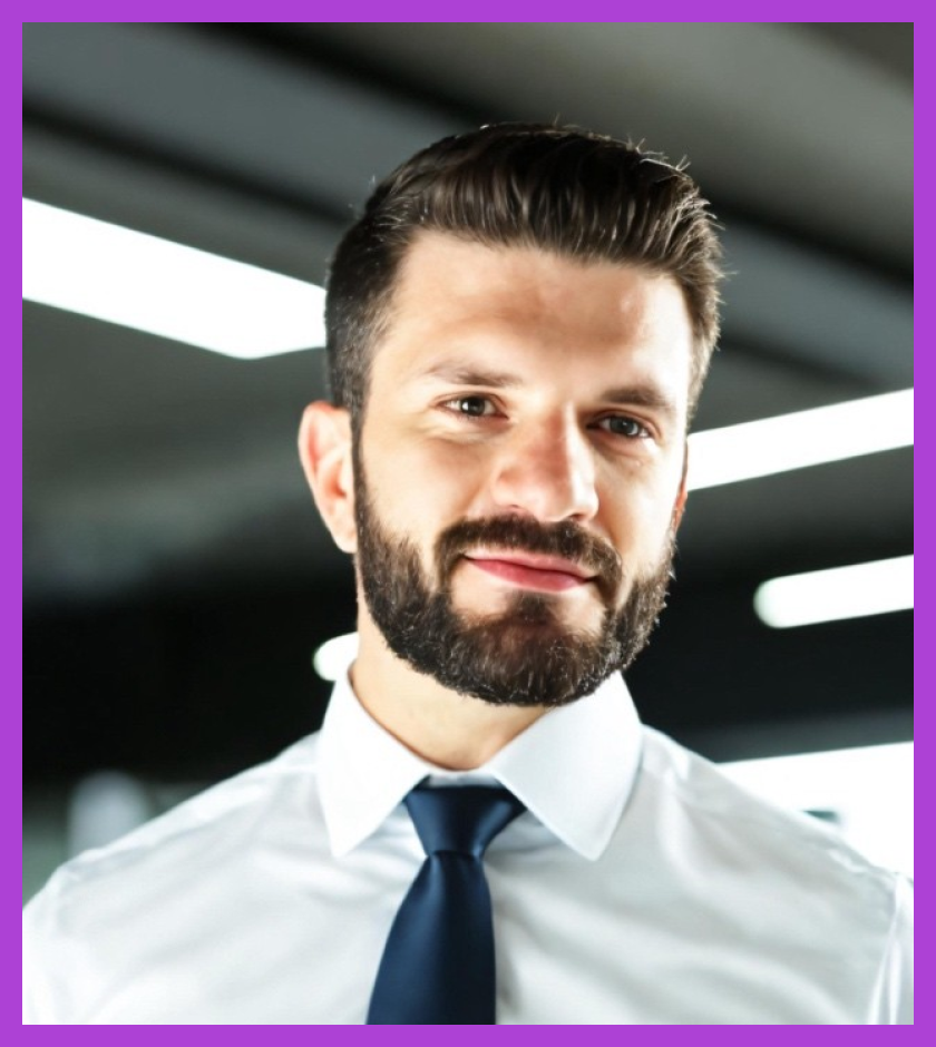 Tom has light skin, dark hair and beard, and is wearing a white formal shirt with a navy tie.