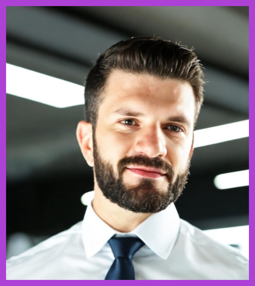 Headshot of Tom - Tom has light skin, dark hair and beard, and is wearing a white formal shirt with a navy tie. 