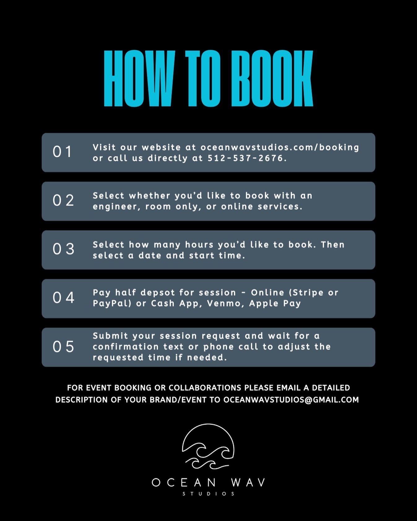 Ready to record? 

Booking a session at Ocean Wav Studios is simple. Follow the steps above to lock in your next session.

🌊 Book here: oceanwavstudios.com/booking

📞 512-537-2676
📍 906 E 5th St Ste 101, Austin, TX

#atxstudio #austinmusic #record