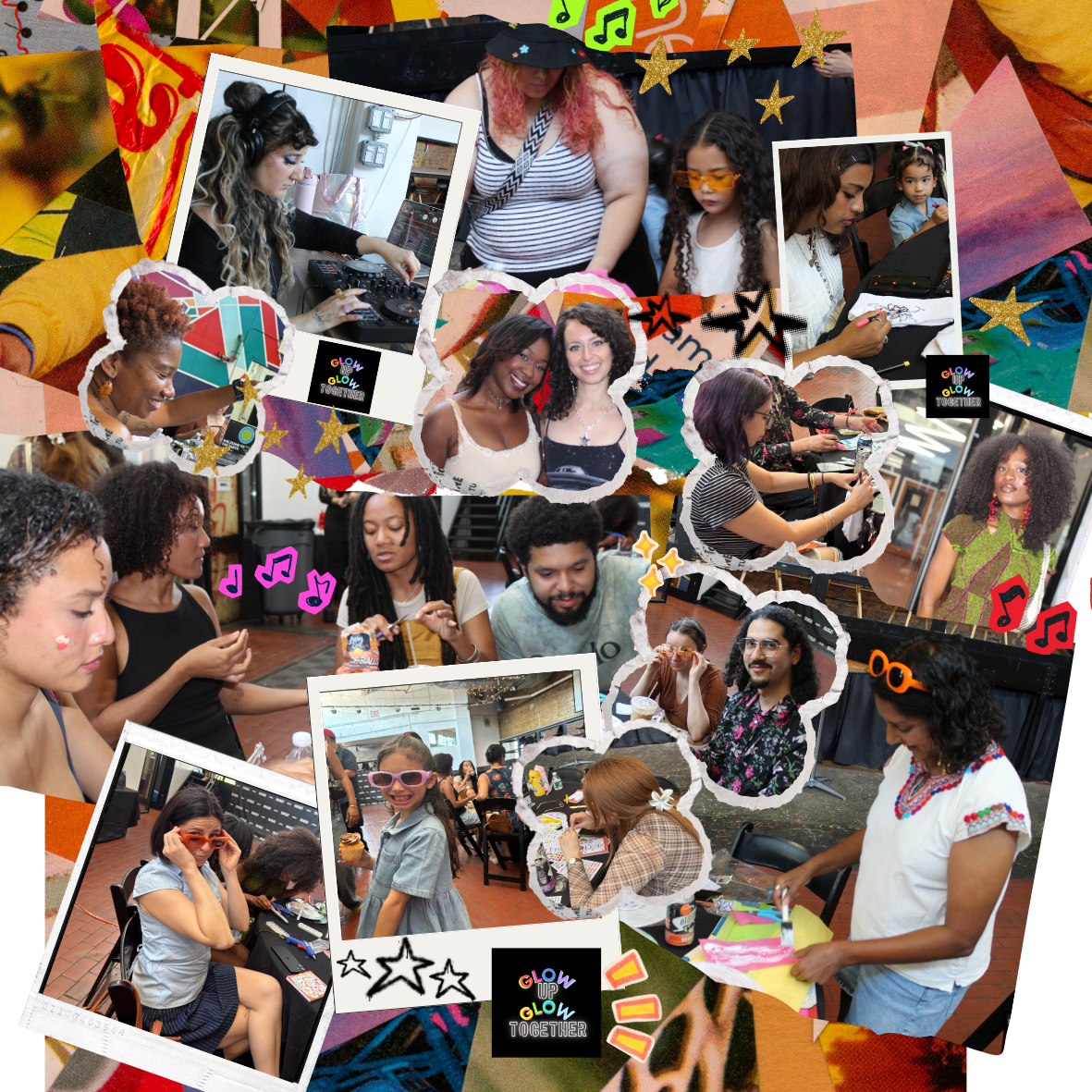 Collage of photos from a lively, colorful party with diverse people engaging in various activities, wearing festive accessories, and smiling.