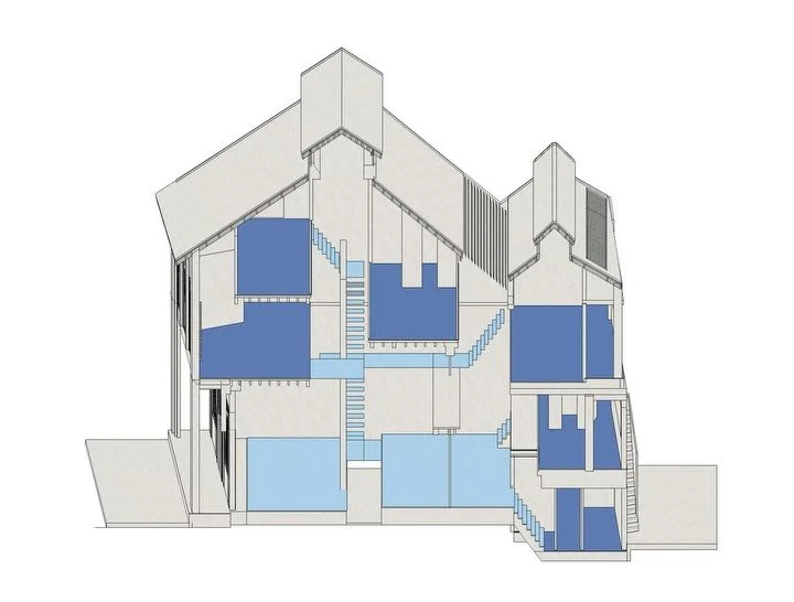 Central to the scheme is the transformation of the conventional dog-legged stairwell into a singular, volumetric conduit of communal interaction.
Removal of the existing staircase and insertion of a continuous, floating platform system established a