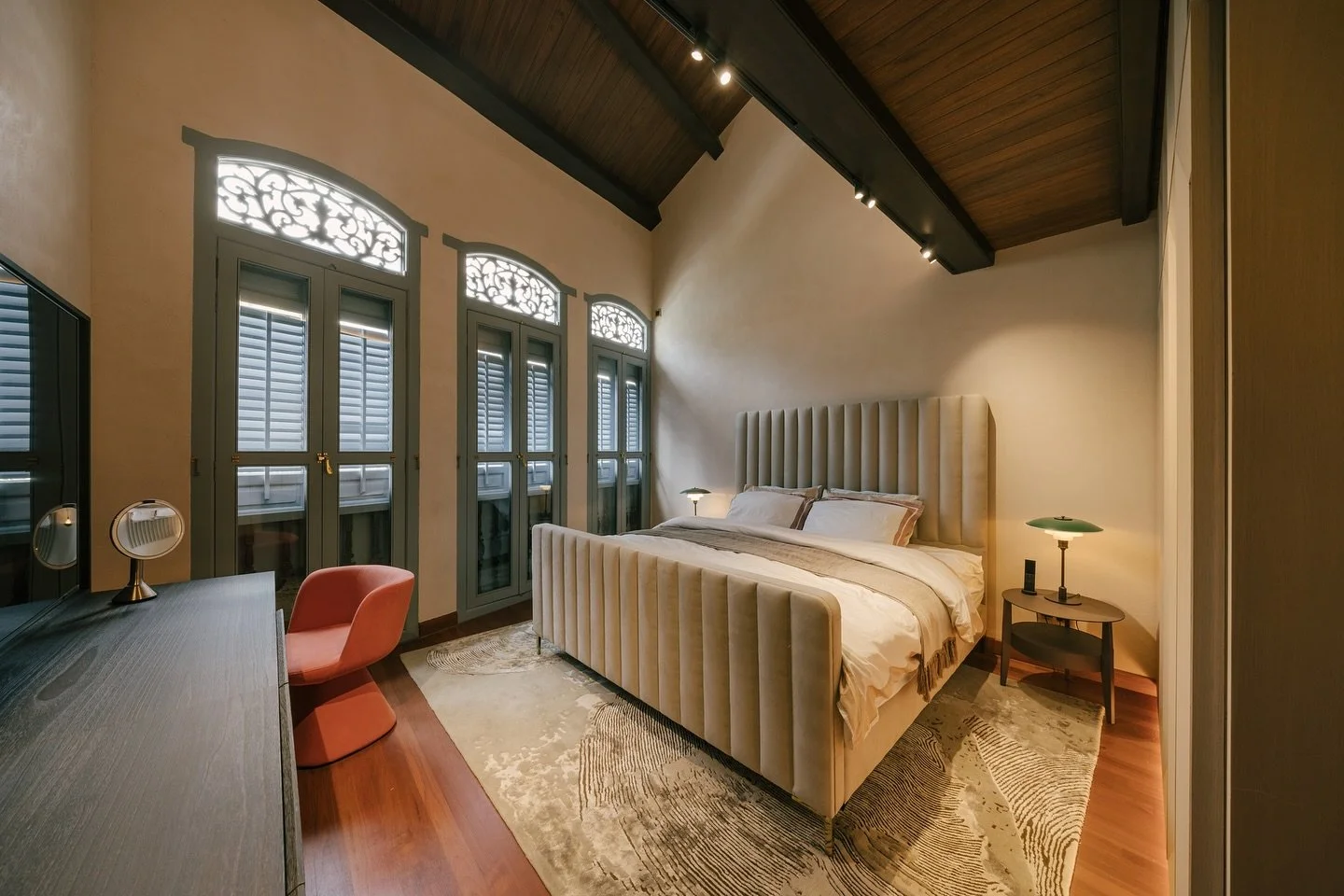 Introduced elements within each rooms, such as the carpentry, were expressed in a wider selection of timber types - from natural oak in the kids bedrooms to dyed veneers in the master bedroom, creating visual interest without resorting to replication