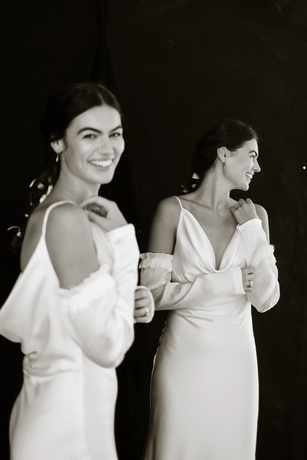 Bias Cut slip wedding gown with detachable sleeves in editorial bridal shoot for modern brides
