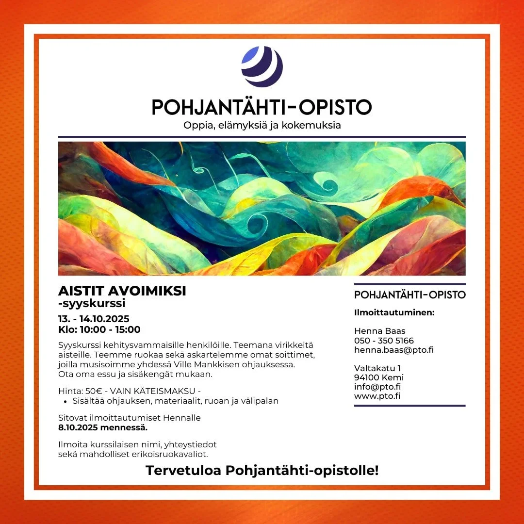 J&auml;rjest&auml;mme syyskurssin kehitysvammaisille henkil&ouml;ille syyslomaviikolla. Tule mukaan touhuamaan Aistit avoimiksi -teemalla! Luvassa ruoanlaittoa, askartelua ja musisointia ☺️ Tarkemmat tiedot kuvassa.

#Pohjant&auml;htiopisto #PTO #eri
