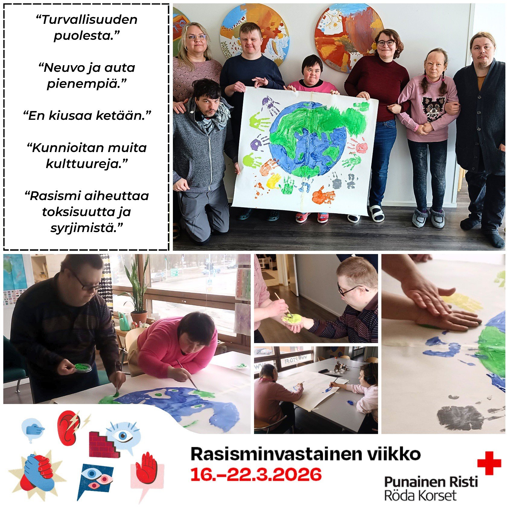 T&auml;n&auml;&auml;n opistomme kehitysvammaisten ja erityist&auml; tukea tarvitsevien Arjen Ev&auml;&auml;t -ryhm&auml; valmisti taideteoksen puhumaan rasismia vastaan. Mukana my&ouml;s opiskelijoiden ajatuksia rasismista.

Rasisminvastaista viikkoa