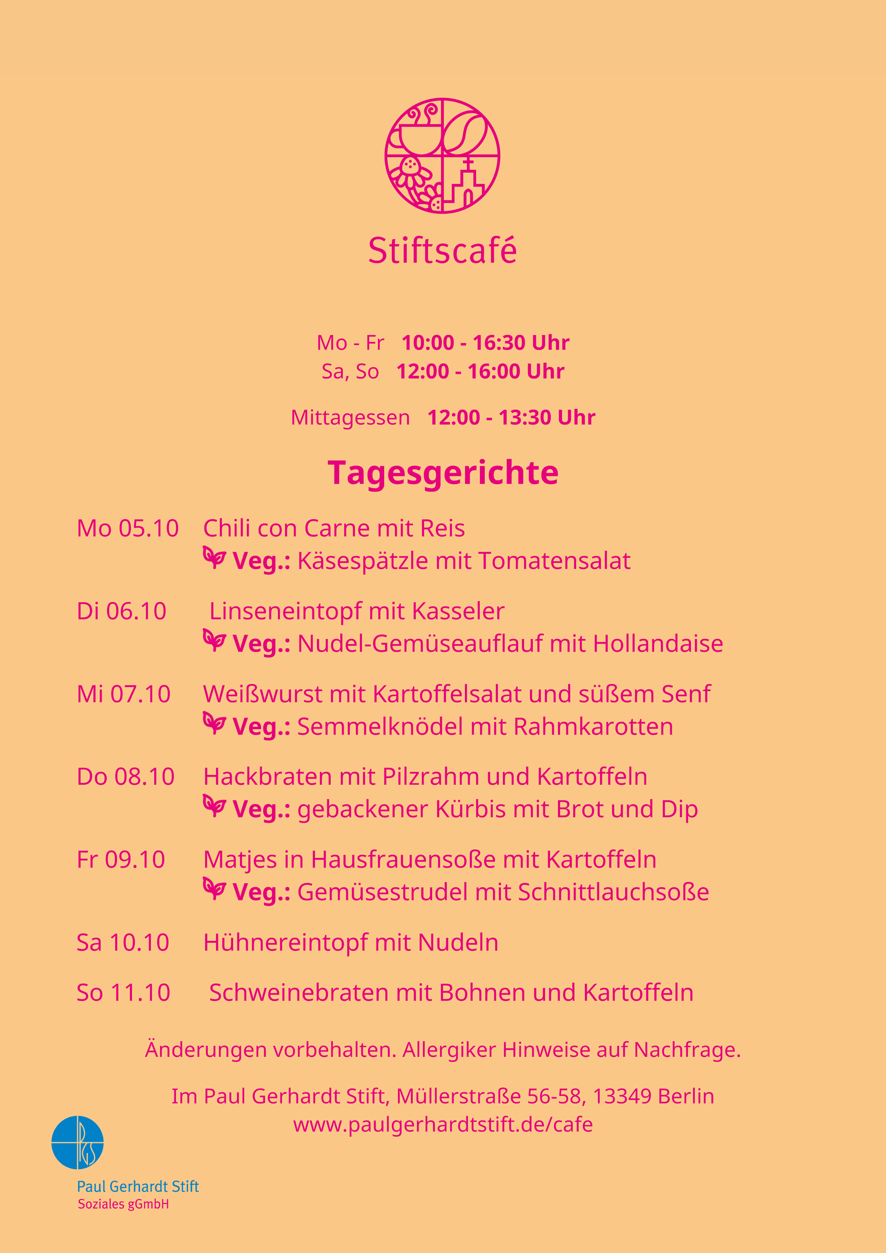 Aktueller Speiseplan des Stiftscafés