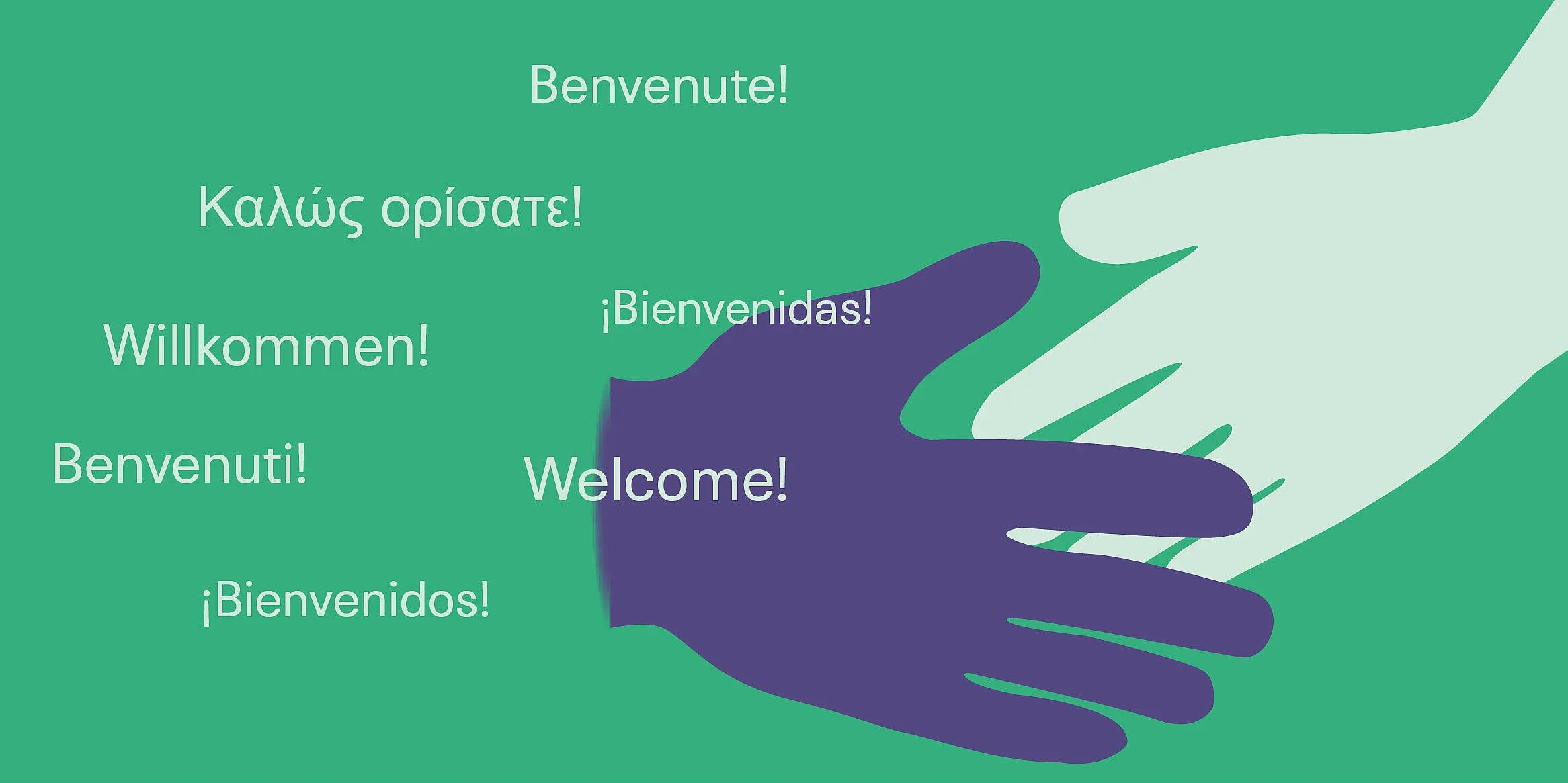 Grafik mit dem Wort willkommen in verschiedenen Sprachen und zwei sich reichenden Händen