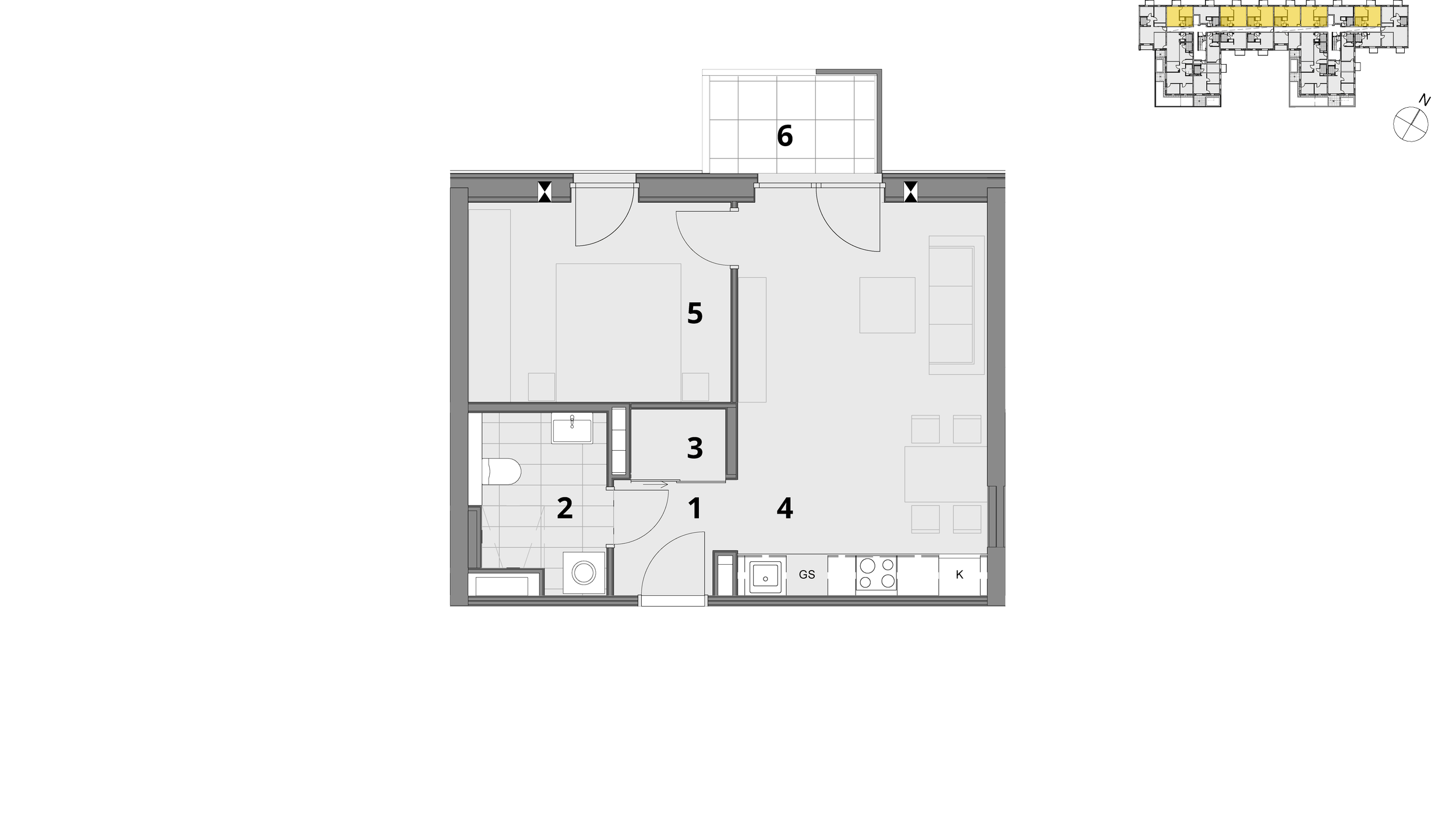 1-Zimmer-Wohnung: 34,9m² | 1 Vorraum: 2,8m² | 2 Abstellraum: 1,3m² | 3 Bad: 4,8m² | 4 Wohnzimmer: 17m² | 5 Küche: 7,4m² | 6 Balkon: 4,6m²