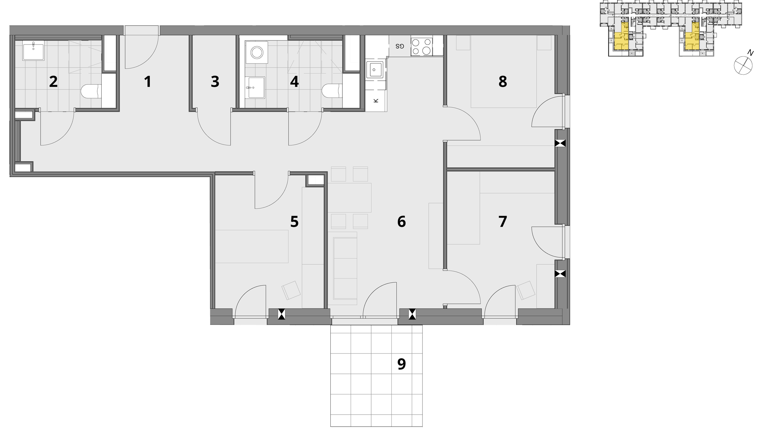 4-Zimmer-Wohnung (Rollstuhlgerecht): 86m² | 1 Vorraum: 18,5m² | 2 Bad: 4,3m² | 3 Abstellraum: 2,3m² | 4 Bad: 5m² | 5 Zimmer: 10,9m² | 6 Wohnküche 21,2m² | 7 Zimmer: 11,6m² | 8 Zimmer: 11m² | 9 Terasse 3,4m²