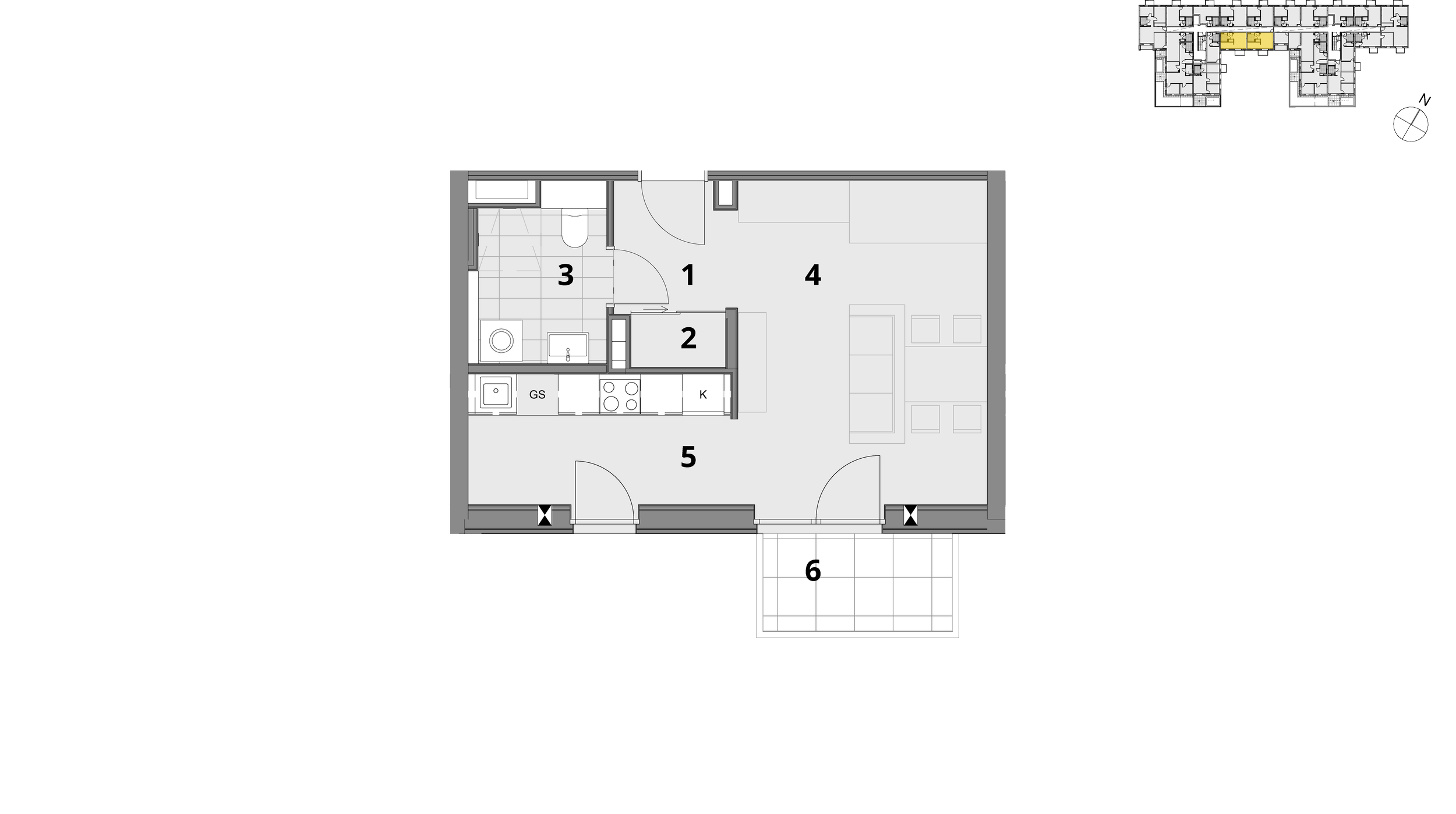 2-Zimmer-Wohnung: 41m² | 1 Vorraum: 2,7m² | 2 Bad: 4,8m² |  3 Abstellraum: 1,3m² | 4 Wohnküche: 20,2m² | 5 Zimmer: 11m² | 6 Balkon: 3,8m²