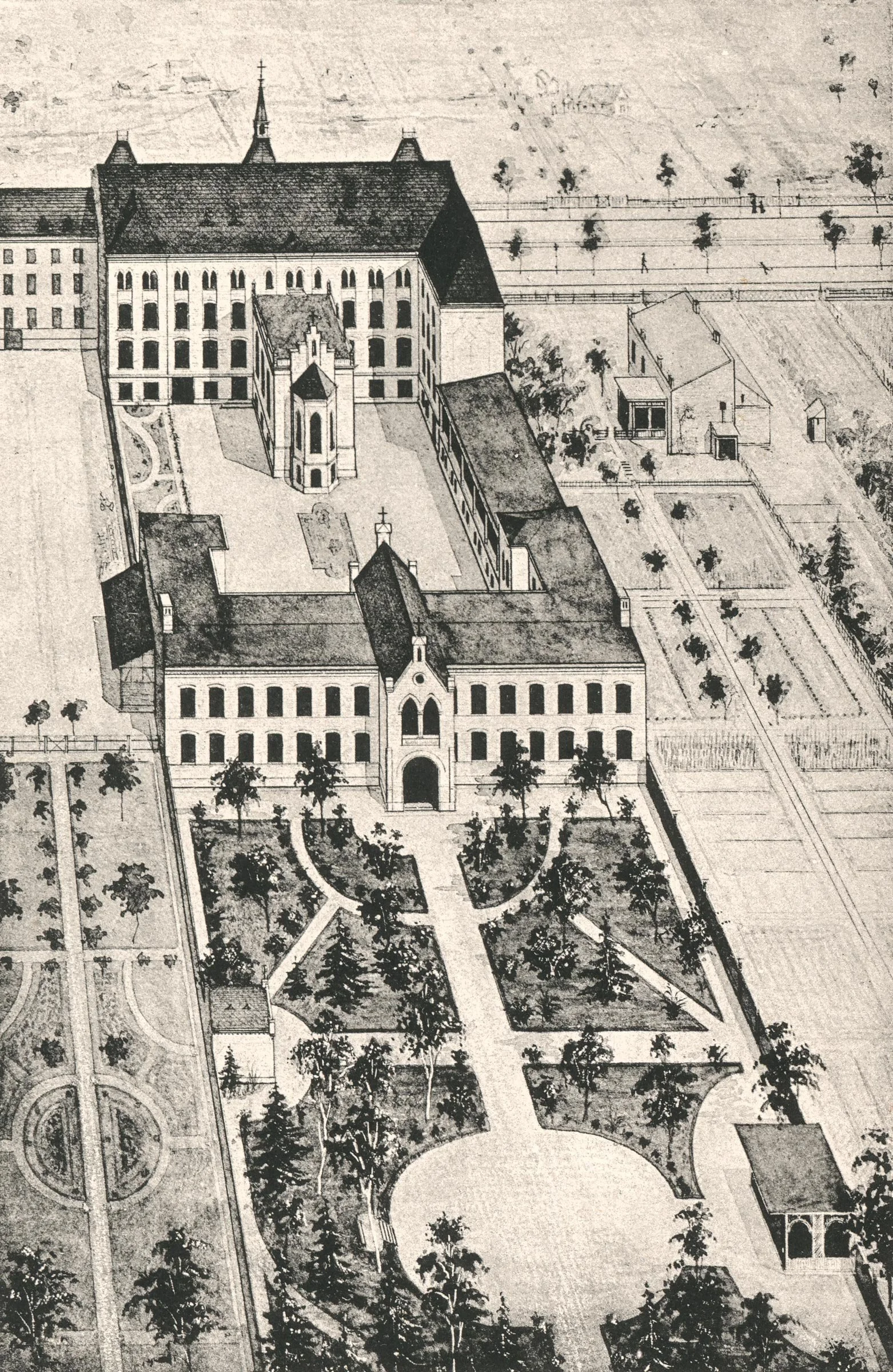 Das neue Paul Gerhardt Stift im Jahr 1888, in seiner ersten Ausbaustufe, vom Osten mit Blick auf die Müllerstraße und in die damals noch weitgehend unbebaute Umgebung. Im Vordergrund ist der Stiftspark zu sehen, an den sich das Krankenhaus anschließ