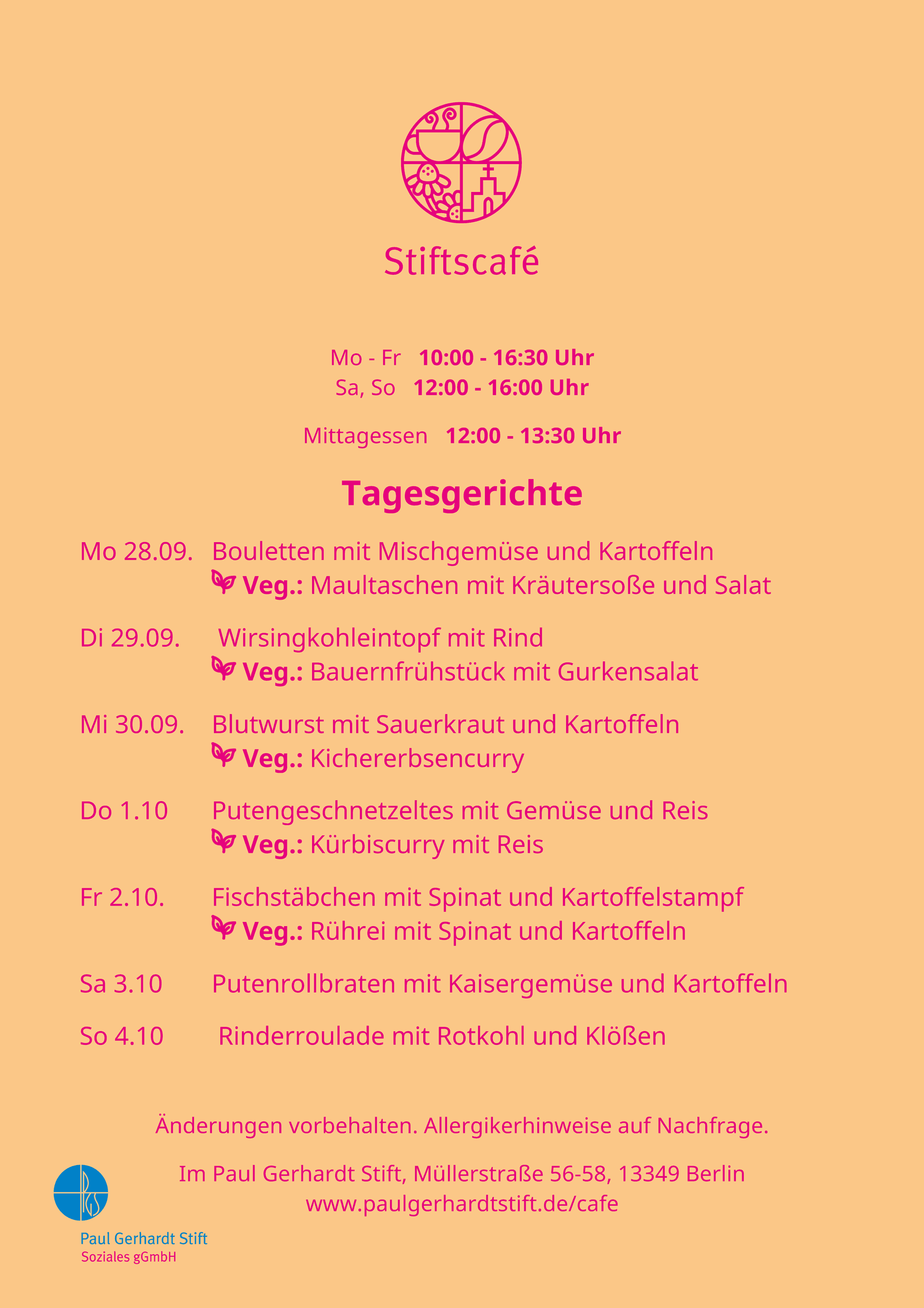 Tagesgerichte des Stiftscafés für die aktuelle Woche