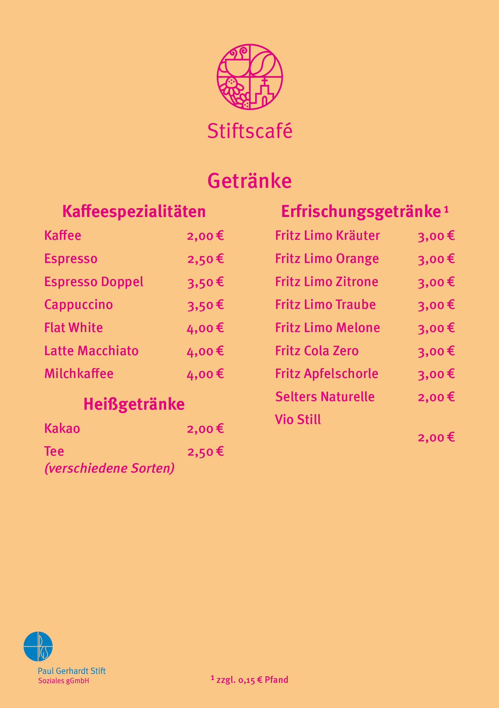 Getränkeliste im Stiftscafé
