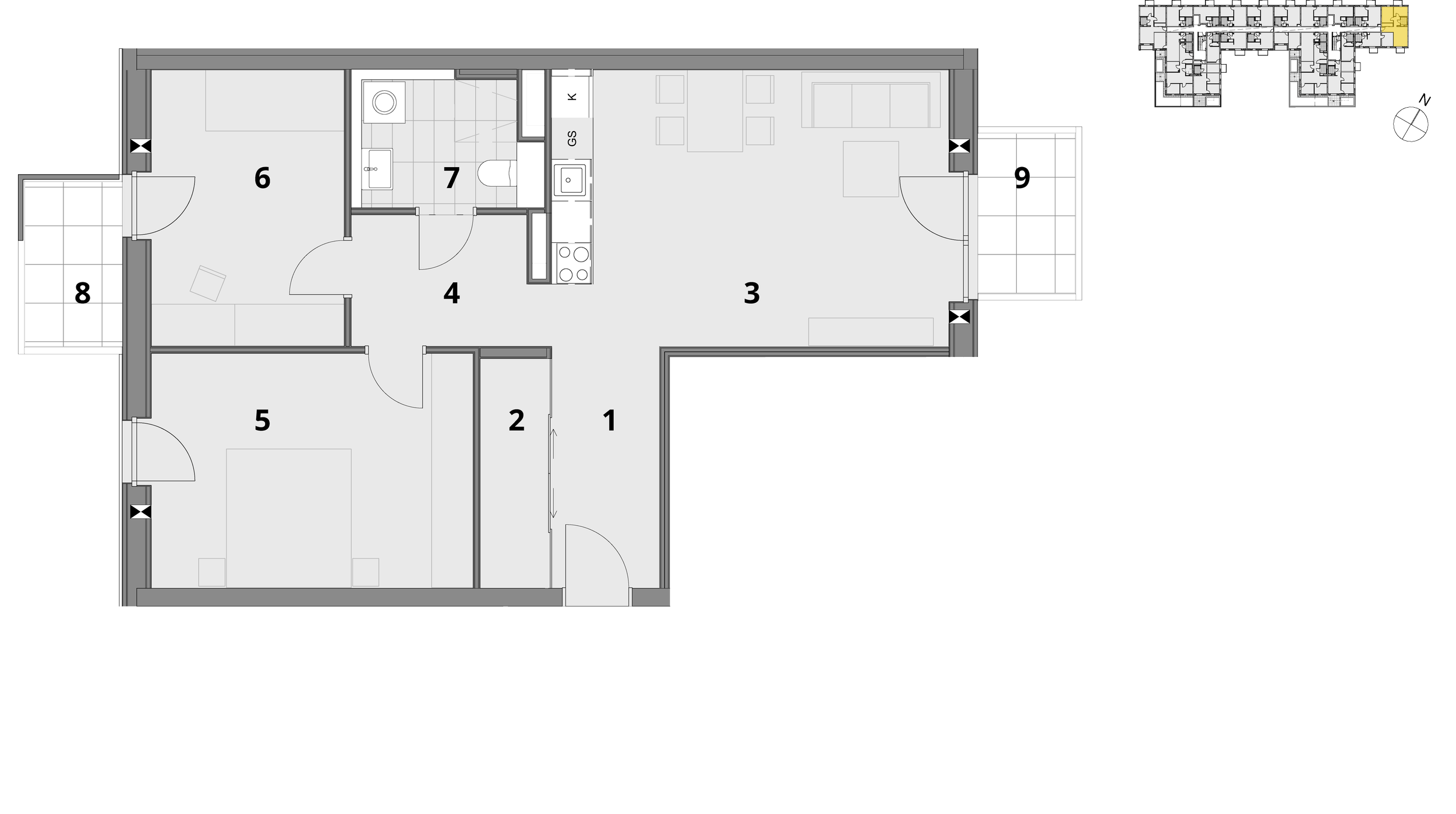 3-Zimmer-Wohnung: 71m² | 1 Vorraum: 5,4m² | 2 Abstellraum: 3,4m² | 3 Wohnküche: 23,2m² | 4 Flur: 4,9m² | 5 Zimmer: 15,9m² | 6 Zimmer: 11,7m² | 7 Bad: 4,8m² | 8 Balkon: 3,6m² | 9 Balkon: 4m²