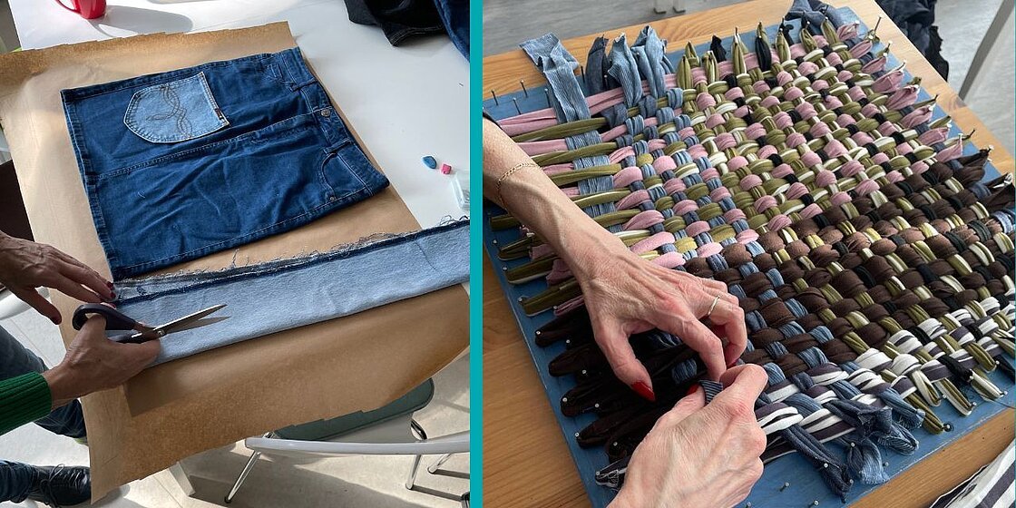 Im Nachbarschaftshaus in Neukölln konnten Besucher:innen ihre eigenen Ideen umsetzen, wie zum Beispiel eine Tasche aus alten Jeans nähen oder aus Stoffresten weben. Der Workshop bot Raum für kreative Upcycling-Projekte und individuelle Gestaltung.
