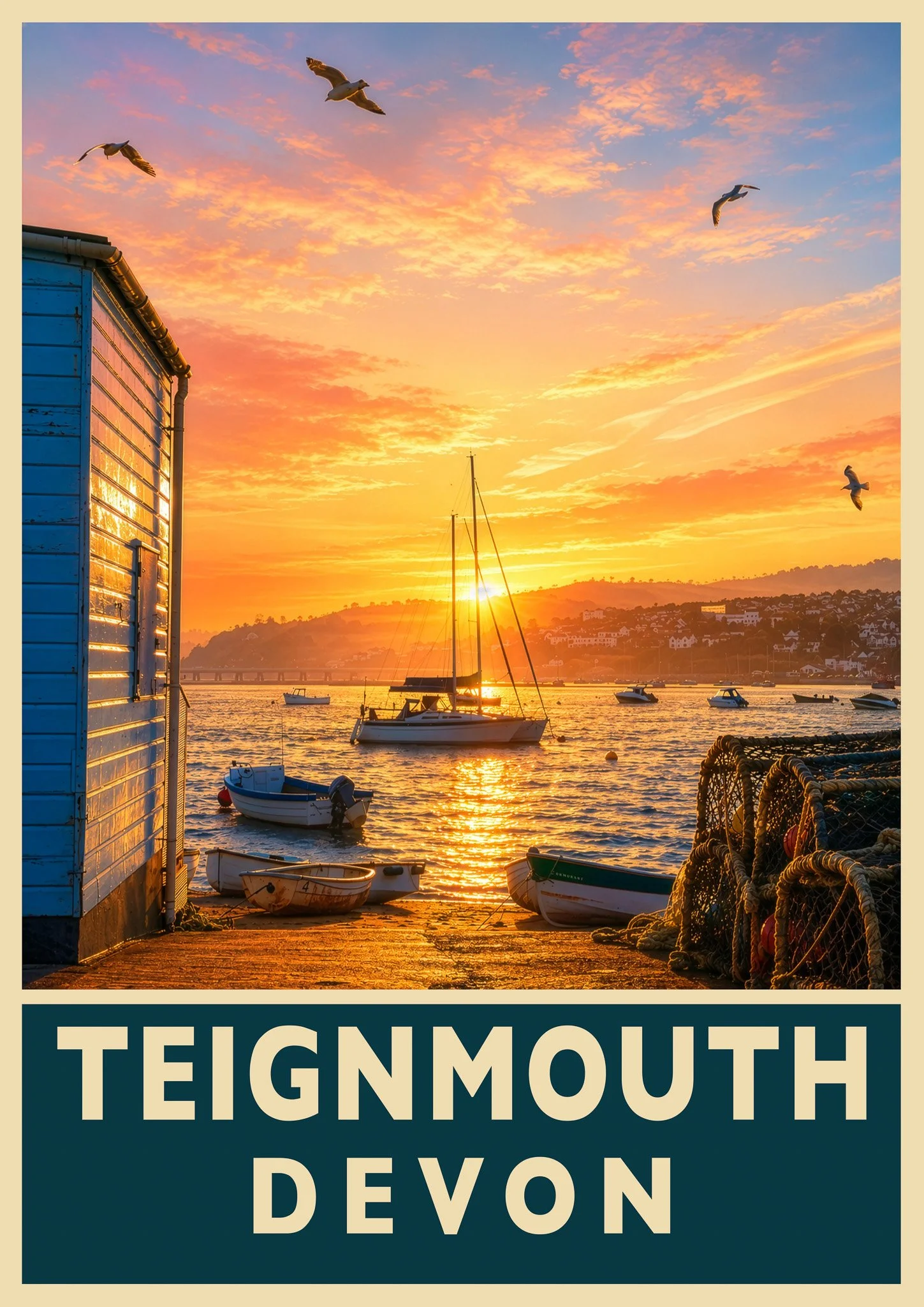 Vintage-style Teignmouth backbeach art print showing gulls flying overhead at sunset on the South Devon coast