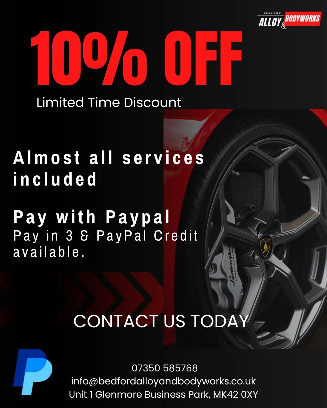 ⏳ FINAL DAYS TO SAVE!
Our 10% discount is almost over &ndash; don&rsquo;t miss your chance to save on almost all services, including alloy refurb, bodywork, paint, and more.

💳 Now accepting PayPal &ndash; with Pay in 3 &amp; Credit options availabl