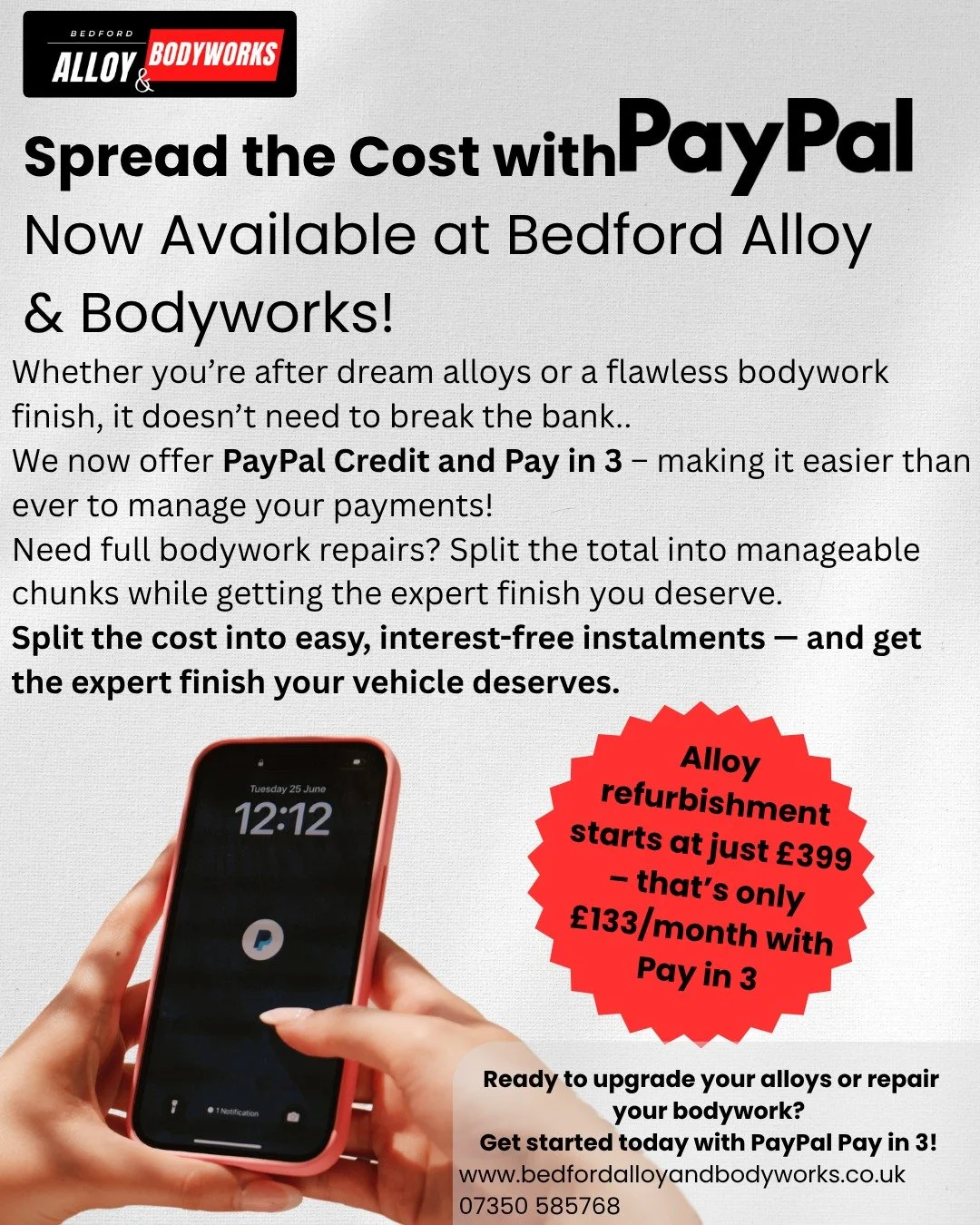 💥 Dream alloys or perfect paintwork &ndash; now more affordable than ever!
We now offer PayPal Credit &amp; Pay in 3, so you can split the cost into easy, interest-free instalments.

✨ Alloy refurbishment starts from just &pound;399 &ndash; that&rsq